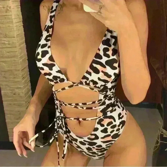 Other - 2 New Brazilian 1 Piece Swimsuit Black/yellow or White Cheetah Deep V Size S M L